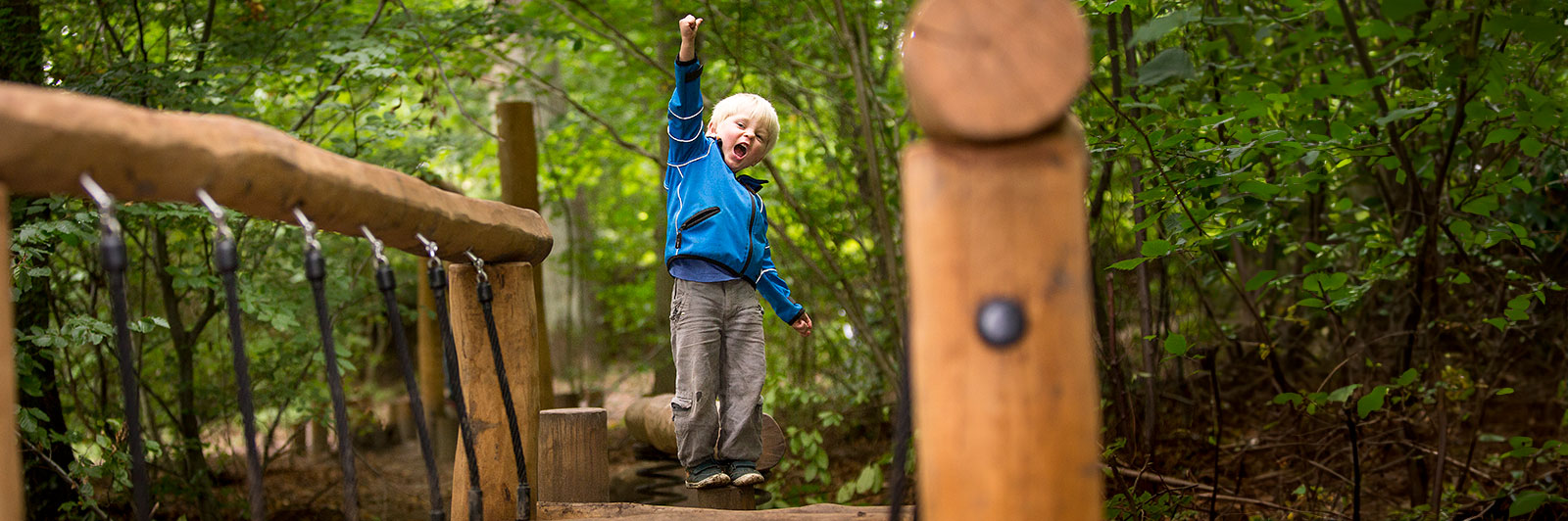 Un jeune garçon se tient au milieu d'une course d'obstacles en bois, la main en l'air en signe de victoire, et semble dire quelque chose pour célébrer le fait d'avoir réussi à franchir une course d'obstacles dans une aire de jeux.